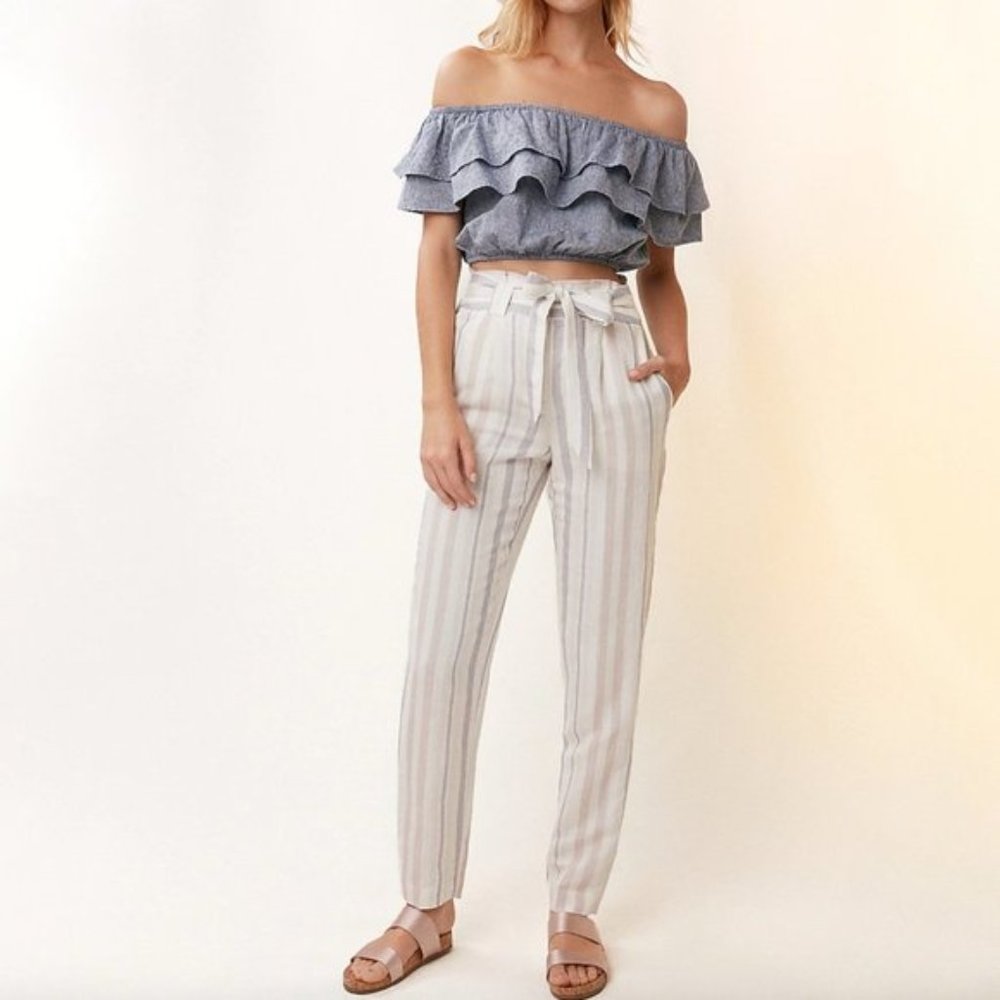 High Waisted Striped Linen-Blend Paperbag Pants